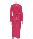 Elegant Lace-Up Pleated Flared Dress with Long Sleeves