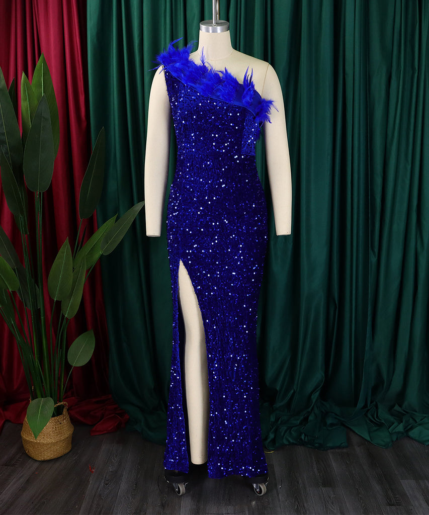 Glamour Skew Neckline High-Waisted Slit Sequin Dress Elegance