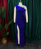 Glamour Skew Neckline High-Waisted Slit Sequin Dress Elegance