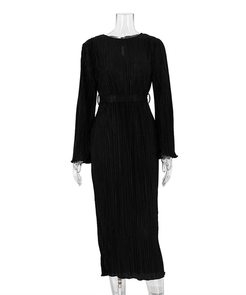 Elegant Lace-Up Pleated Flared Dress with Long Sleeves