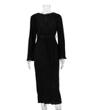 Elegant Lace-Up Pleated Flared Dress with Long Sleeves