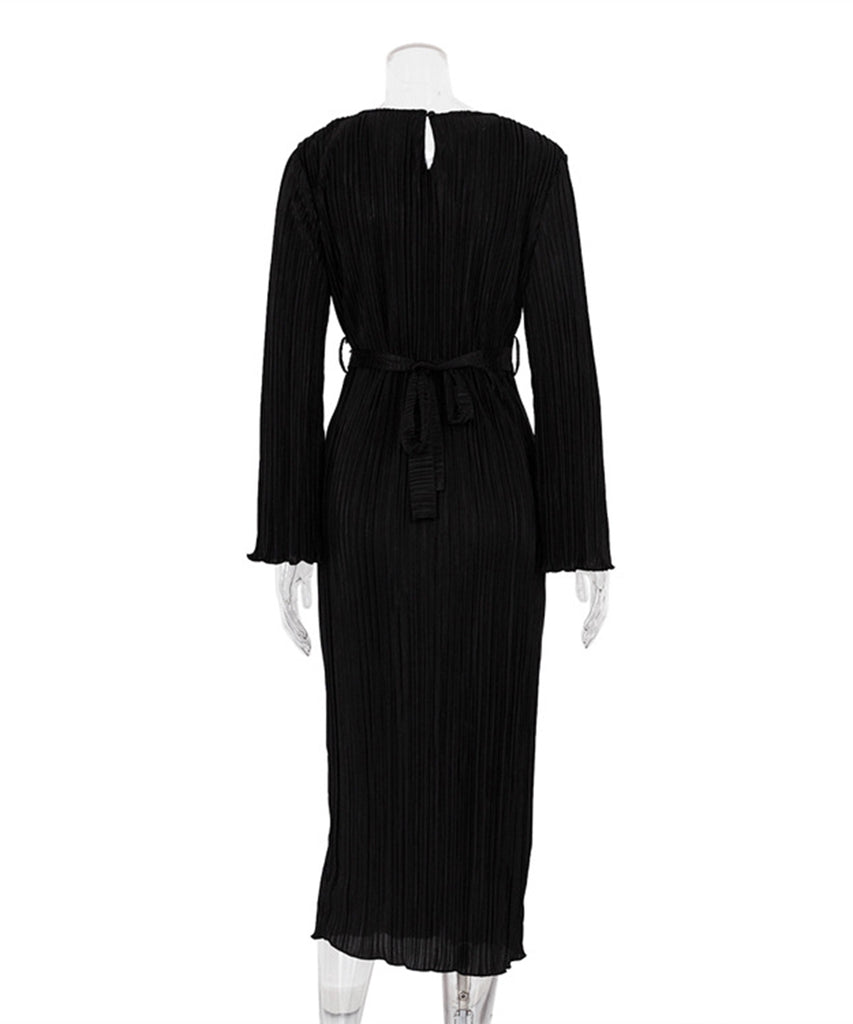 Elegant Lace-Up Pleated Flared Dress with Long Sleeves