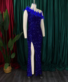 Glamour Skew Neckline High-Waisted Slit Sequin Dress Elegance