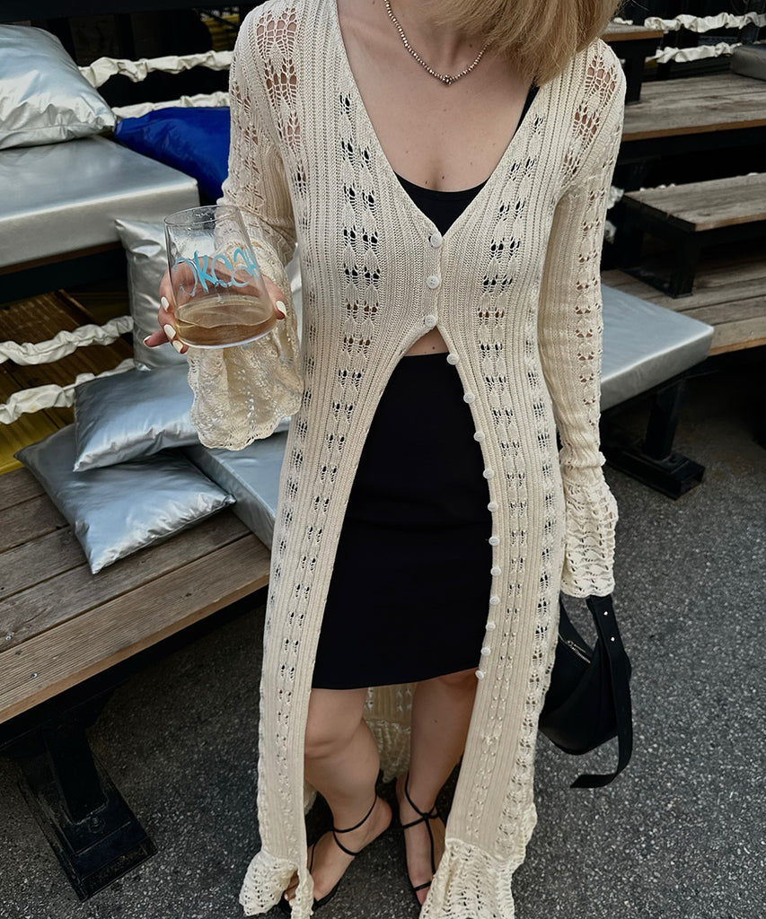 Elegant Acrylic Wool Cardigan with Flared Hollow Sleeves