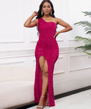 Diagonal Shoulder Sexy Split Skirt Sequin Gown for Glam Nights