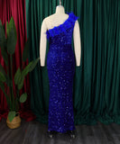 Glamour Skew Neckline High-Waisted Slit Sequin Dress Elegance