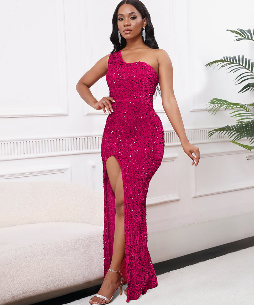 Diagonal Shoulder Sexy Split Skirt Sequin Gown for Glam Nights