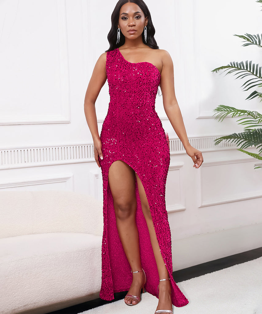 Diagonal Shoulder Sexy Split Skirt Sequin Gown for Glam Nights
