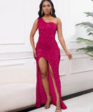 Diagonal Shoulder Sexy Split Skirt Sequin Gown for Glam Nights