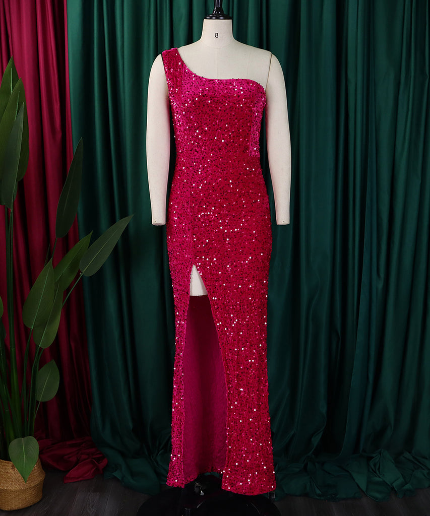 Diagonal Shoulder Sexy Split Skirt Sequin Gown for Glam Nights