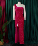 Diagonal Shoulder Sexy Split Skirt Sequin Gown for Glam Nights