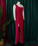 Diagonal Shoulder Sexy Split Skirt Sequin Gown for Glam Nights