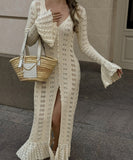 Elegant Acrylic Wool Cardigan with Flared Hollow Sleeves