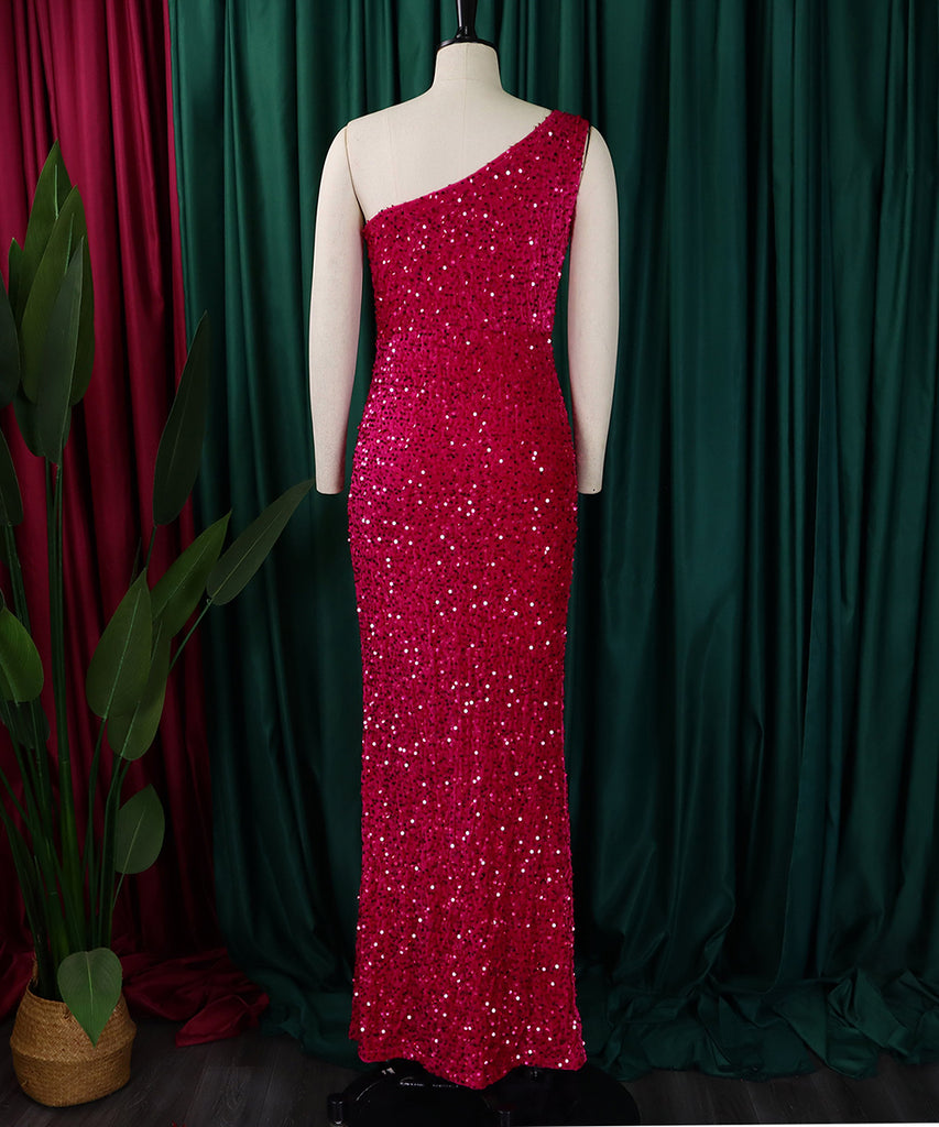 Diagonal Shoulder Sexy Split Skirt Sequin Gown for Glam Nights