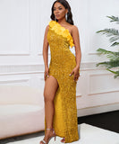 Glamour Skew Neckline High-Waisted Slit Sequin Dress Elegance