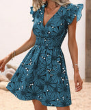 V-Neck Waist Sexy Big Flower Ruffled Sleeveless Dress Delight