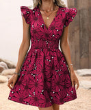 V-Neck Waist Sexy Big Flower Ruffled Sleeveless Dress Delight