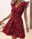 V-Neck Waist Sexy Big Flower Ruffled Sleeveless Dress Delight