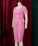 Chic Short Sleeved Solid Color Dress With Hip Ruffles Magic