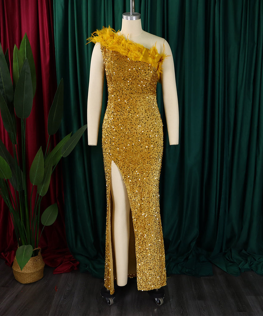 Glamour Skew Neckline High-Waisted Slit Sequin Dress Elegance