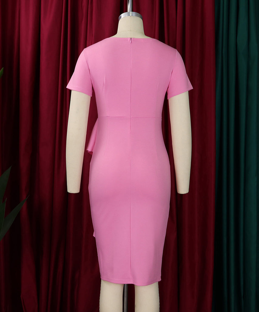Chic Short Sleeved Solid Color Dress With Hip Ruffles Magic