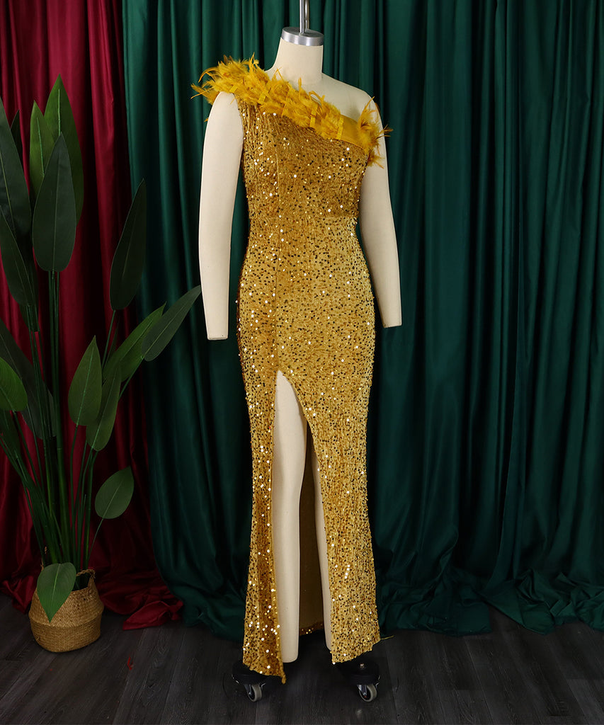 Glamour Skew Neckline High-Waisted Slit Sequin Dress Elegance