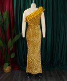Glamour Skew Neckline High-Waisted Slit Sequin Dress Elegance