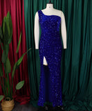 Diagonal Shoulder Sexy Split Skirt Sequin Gown for Glam Nights