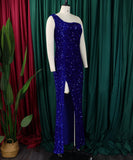 Diagonal Shoulder Sexy Split Skirt Sequin Gown for Glam Nights