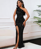 Glamour Skew Neckline High-Waisted Slit Sequin Dress Elegance