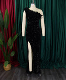 Glamour Skew Neckline High-Waisted Slit Sequin Dress Elegance