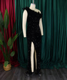 Glamour Skew Neckline High-Waisted Slit Sequin Dress Elegance