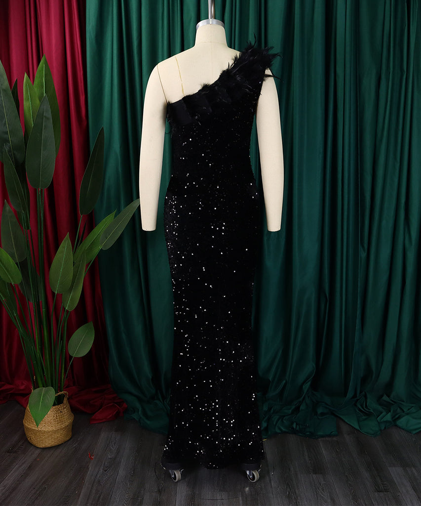Glamour Skew Neckline High-Waisted Slit Sequin Dress Elegance