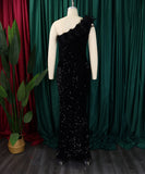 Glamour Skew Neckline High-Waisted Slit Sequin Dress Elegance