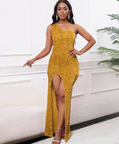 Diagonal Shoulder Sexy Split Skirt Sequin Gown for Glam Nights