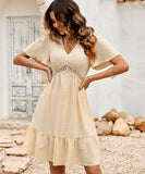 Solid Color V-Neck Dress With Lotus Sleeves for Effortless Style