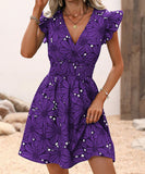 V-Neck Waist Sexy Big Flower Ruffled Sleeveless Dress Delight