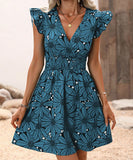 V-Neck Waist Sexy Big Flower Ruffled Sleeveless Dress Delight
