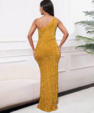 Diagonal Shoulder Sexy Split Skirt Sequin Gown for Glam Nights