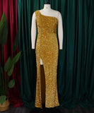 Diagonal Shoulder Sexy Split Skirt Sequin Gown for Glam Nights