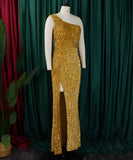Diagonal Shoulder Sexy Split Skirt Sequin Gown for Glam Nights