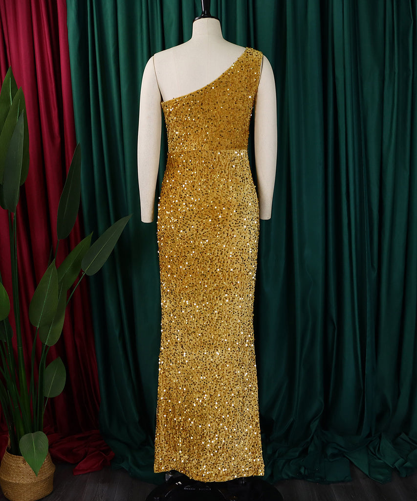 Diagonal Shoulder Sexy Split Skirt Sequin Gown for Glam Nights