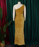 Diagonal Shoulder Sexy Split Skirt Sequin Gown for Glam Nights