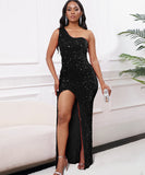 Diagonal Shoulder Sexy Split Skirt Sequin Gown for Glam Nights