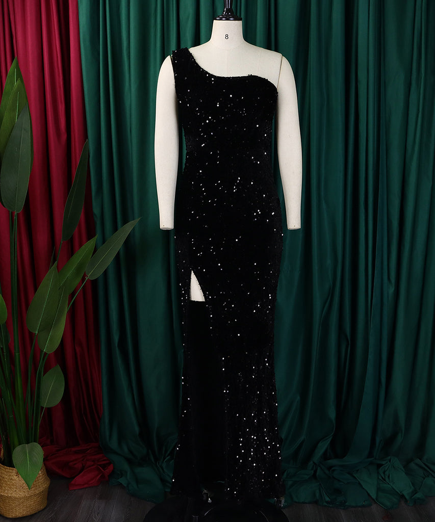 Diagonal Shoulder Sexy Split Skirt Sequin Gown for Glam Nights