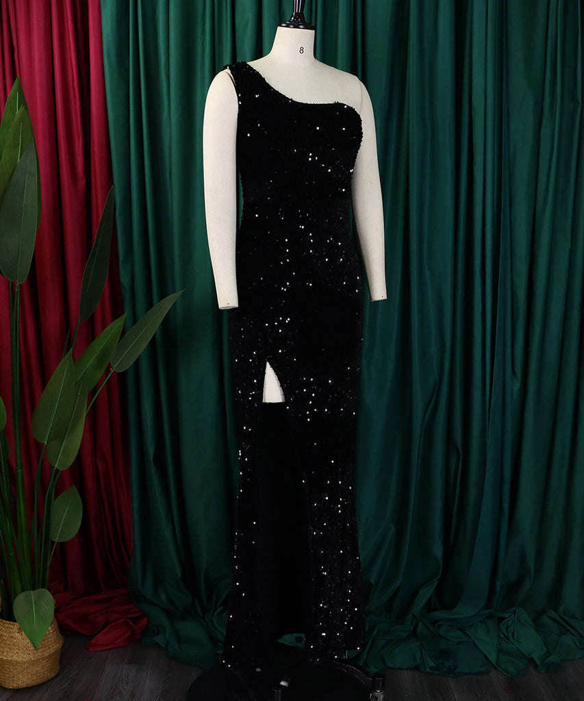 Diagonal Shoulder Sexy Split Skirt Sequin Gown for Glam Nights