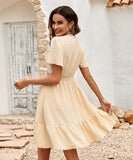 Solid Color V-Neck Dress With Lotus Sleeves for Effortless Style