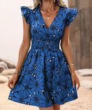 V-Neck Waist Sexy Big Flower Ruffled Sleeveless Dress Delight