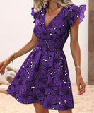 V-Neck Waist Sexy Big Flower Ruffled Sleeveless Dress Delight