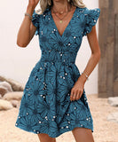 V-Neck Waist Sexy Big Flower Ruffled Sleeveless Dress Delight